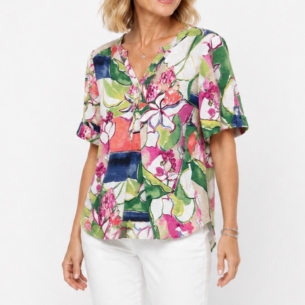 Chicos Floral Slub Knit Henley Top Womens Size 4 XXL Short Roll Tab Sleeve Multi